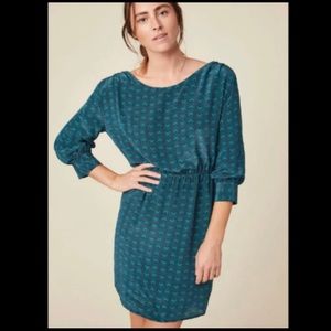 Amour Vert 100% Silk Green & Black Print Balloon Sleeve Dress Size L